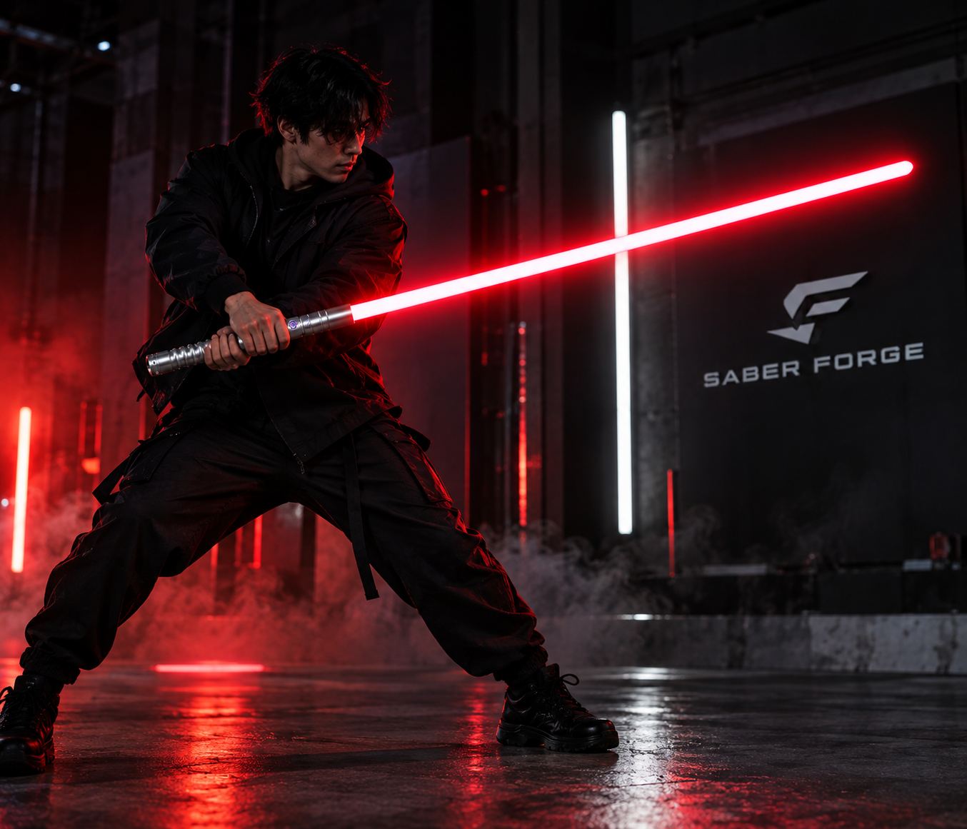 A duellist in black lunges forward with a red LED saber inside the Saber Forge warehouse
