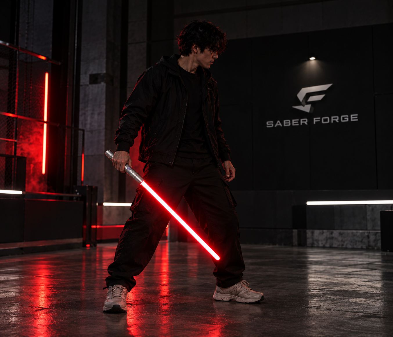 Duellist in a low ready stance, blade lowered
